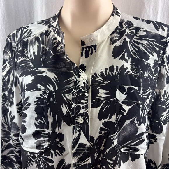 Rebecca Taylor Monochrome Floral Silk Long Sleeve Blouse 6 - Picture 9 of 12